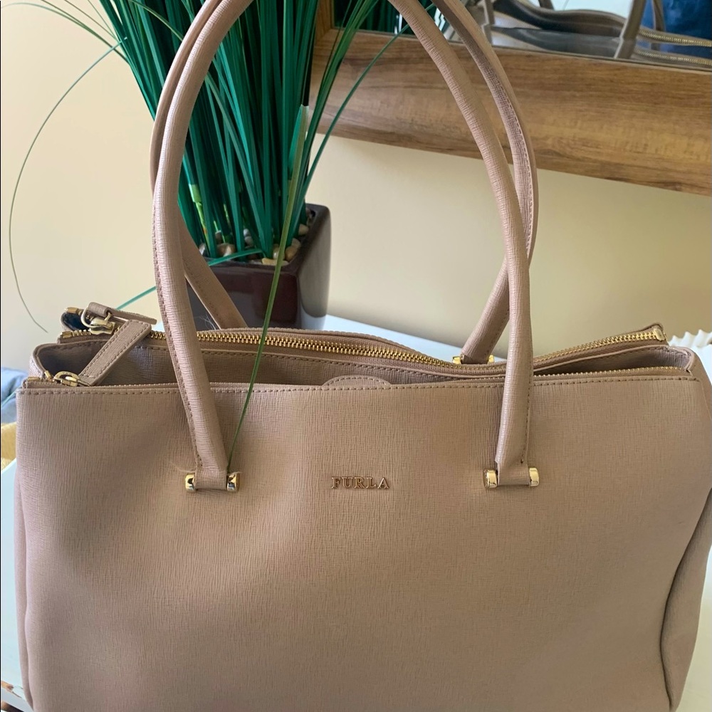 Furla taupe leather tote handbag